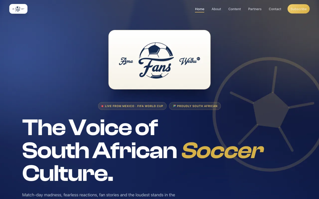 AmaFansWethu TV website — dark navy hero with gold headline reading The Voice of South African Soccer Culture