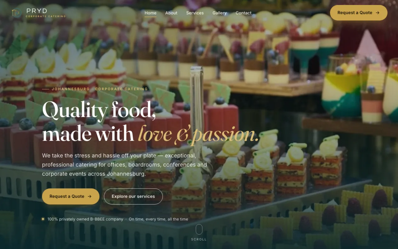 PRYD Corporate Catering website — hero photograph of plated desserts with headline Quality food made with love and passion