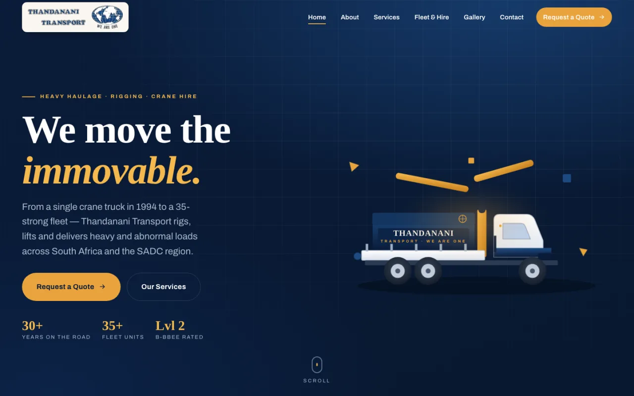 Thandanani Transport website — navy and amber hero with headline We move the immovable and illustrated crane truck